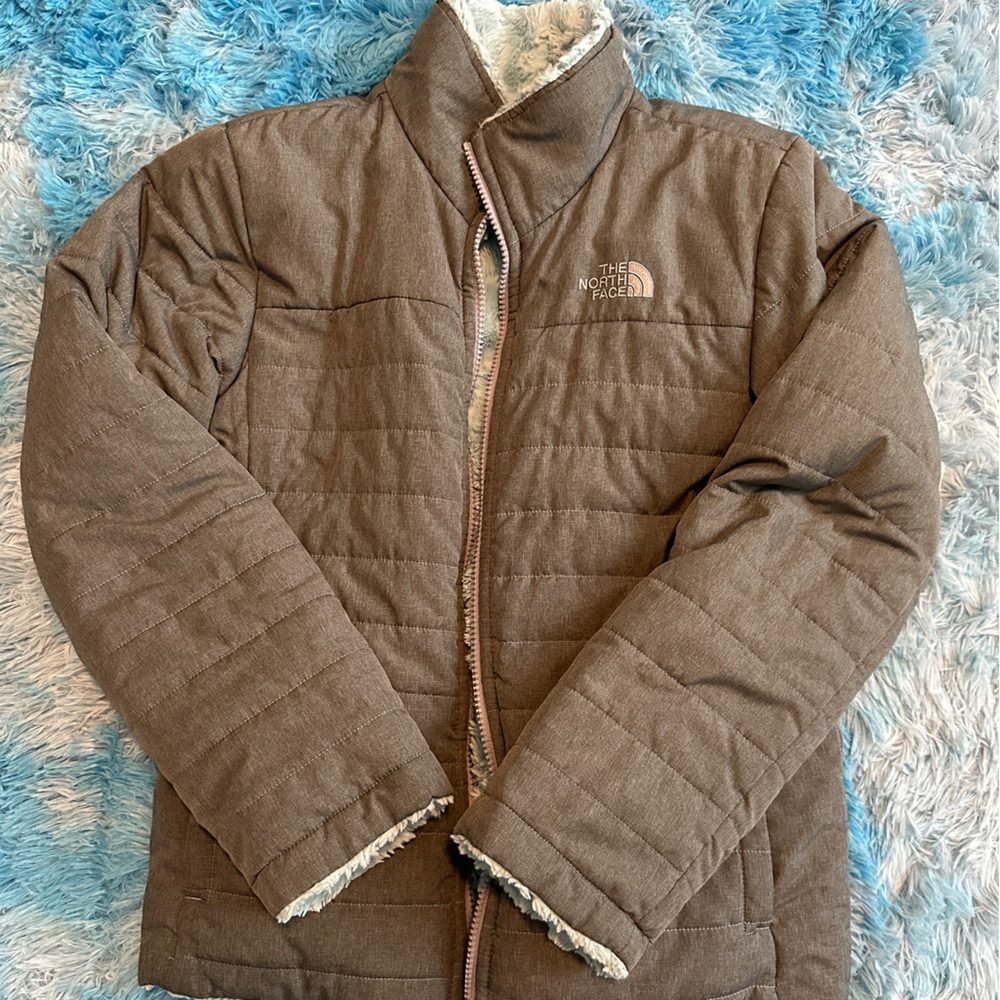 The North Face Grey Quilted Jacket with soft blue green interior. REVERSIBLE!